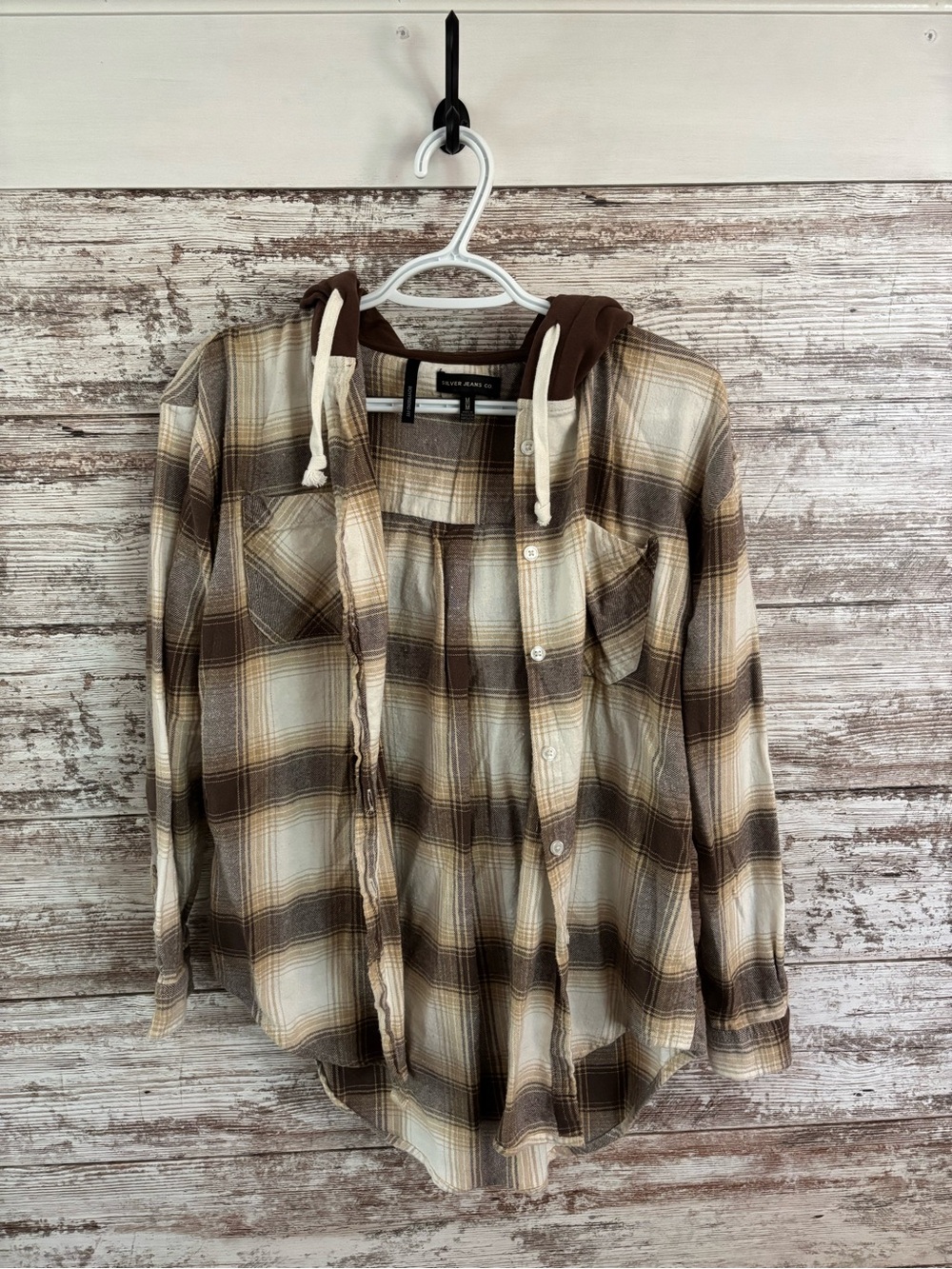 Silver Jeans Brown & Cream Plaid Hooded Shirt Jacket